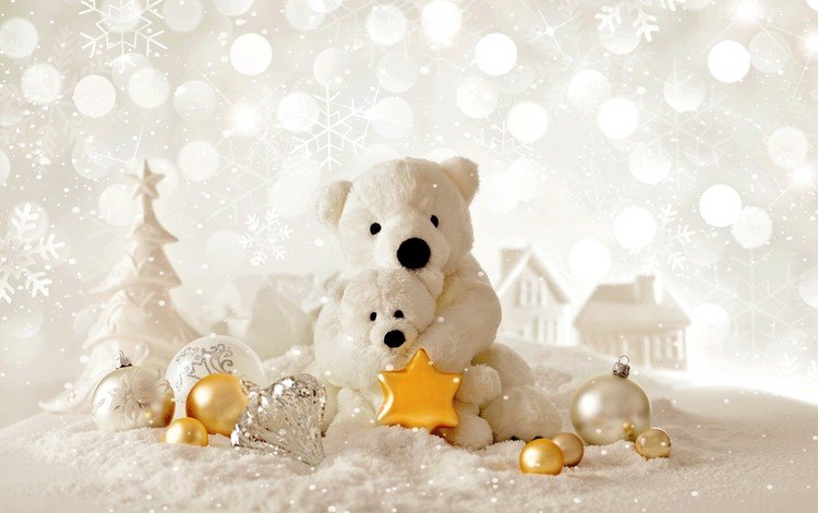 снег, рождество, новый год, елочные игрушки, елка, медведи, звездочка, зима, домики, мишки, шарики, игрушки, snow, christmas, new year, christmas decorations, tree, asterisk, winter, houses, bears, balls, toys