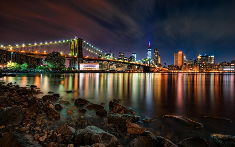 ночь, огни, мост, город, сша, нью-йорк, бруклинский мост, night, lights, bridge, the city, usa, new york, brooklyn bridge