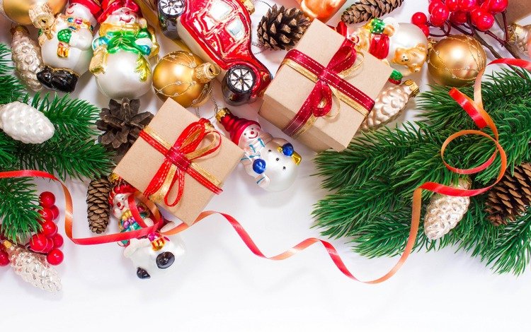 новый год, снеговики, хвоя, елочные игрушки, подарки, машинка, шарики, ленточки, игрушки, рождество, шишки, new year, snowmen, needles, christmas decorations, machine, gifts, balls, ribbons, toys, christmas, bumps