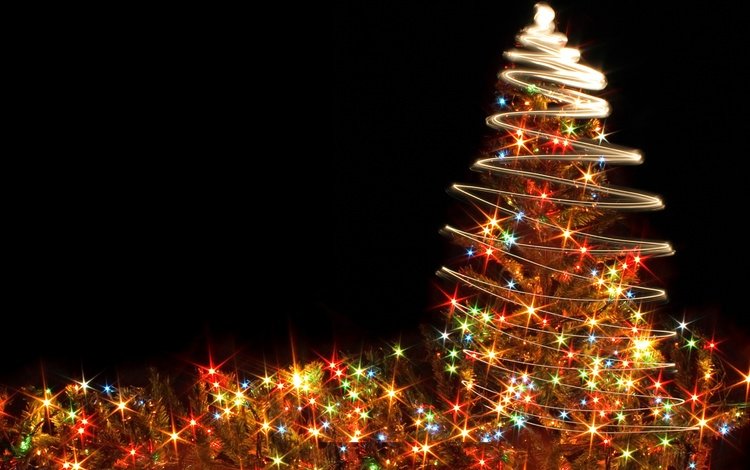 новый год, елка, черный фон, рождество, огоньки, гирлянда, new year, tree, black background, christmas, lights, garland