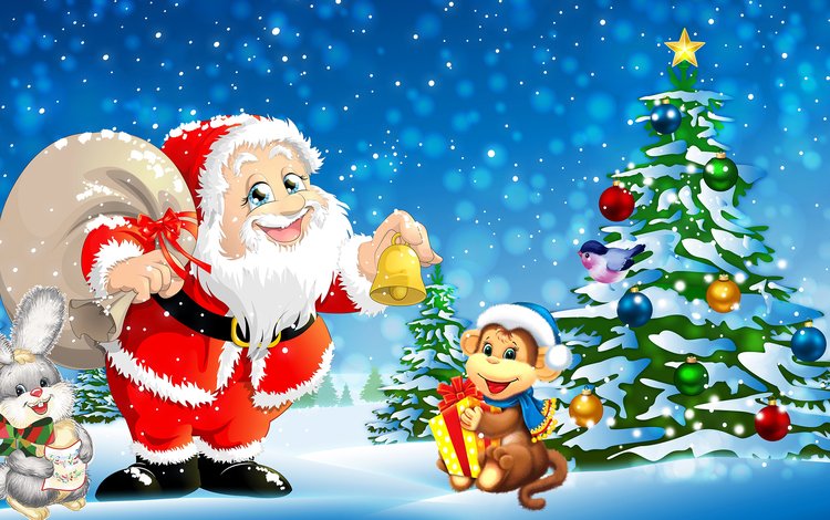 новый год, елка, дед мороз, рождество, обезьяна, зайчик, new year, tree, santa claus, christmas, monkey, bunny