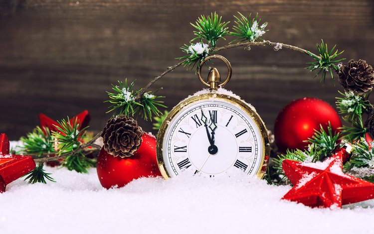 снег, новый год, часы, елочные украшения, snow, new year, watch, christmas decorations