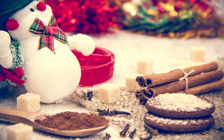 новый год, гвоздика, корица, снеговик, рождество, сахар, печенье, выпечка, какао, new year, carnation, cinnamon, snowman, christmas, sugar, cookies, cakes, cocoa