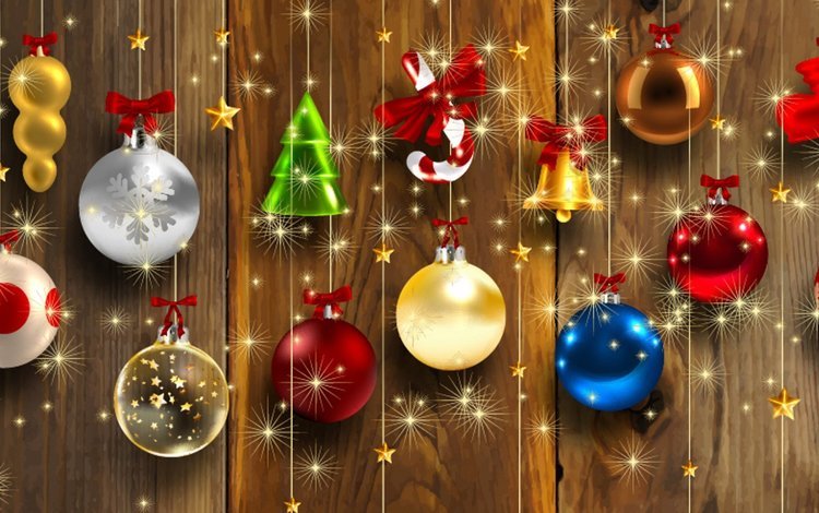 новый год, шарики, колокольчики, праздник, рождество, елочные украшения, деревянная поверхность, new year, balls, bells, holiday, christmas, christmas decorations, wooden surface