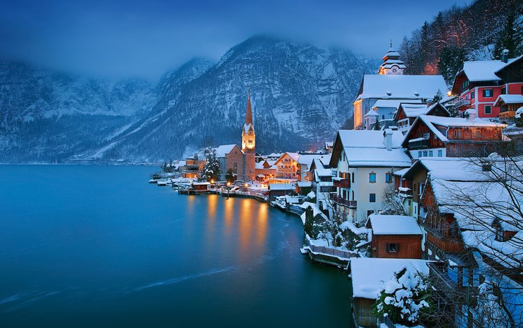 озеро, горы, зима, город, австрия, хальштадт, lake, mountains, winter, the city, austria, hallstadt