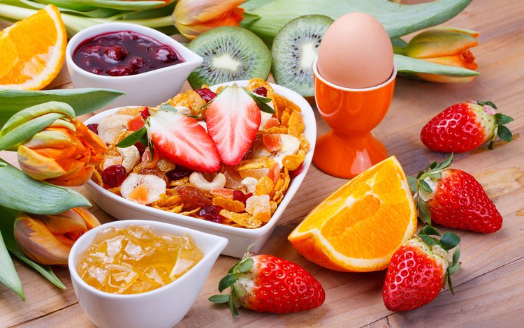 фрукты, ягоды, завтрак, яйцо, мюсли, fruit, berries, breakfast, egg, muesli
