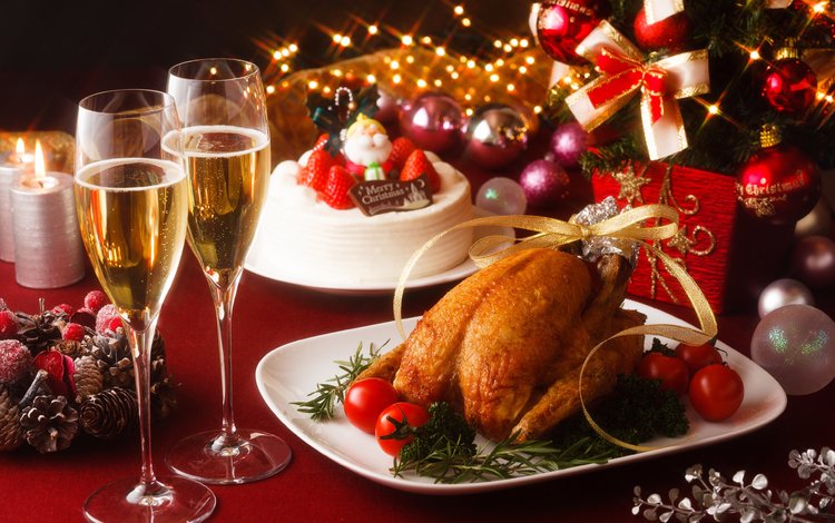 новый год, курица, шары, ужин, вино, сервировка, бокалы, рождество, шампанское, торт, помидоры, new year, chicken, balls, dinner, wine, serving, glasses, christmas, champagne, cake, tomatoes