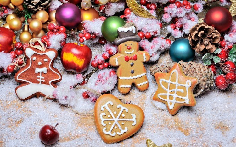 снег, елочные игрушки, новый год, печенье, украшения, пряники, игрушки, ягоды, праздник, рождество, шишки, snow, christmas decorations, new year, cookies, decoration, gingerbread, toys, berries, holiday, christmas, bumps