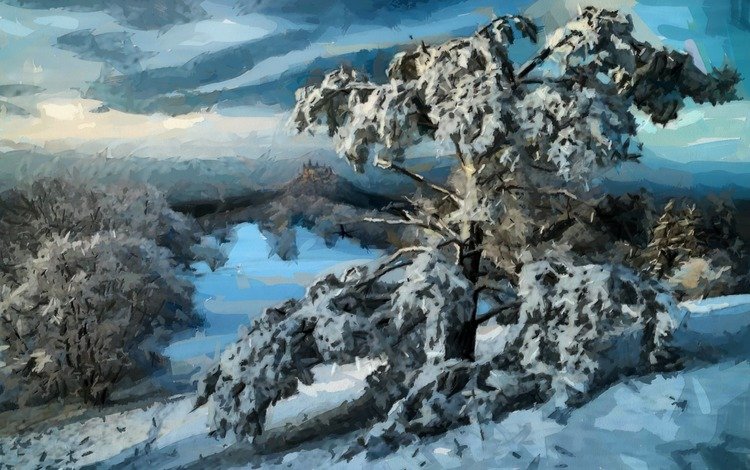 арт, деревья, снег, природа, зима, пейзаж, живопись, art, trees, snow, nature, winter, landscape, painting