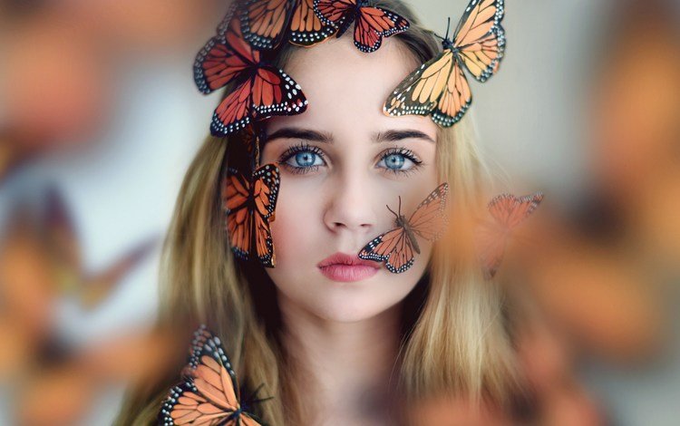 девушка, голубые глаза, настроение, боке, блондинка, взгляд, ситуация, насекомые, лицо, бабочки, girl, blue eyes, mood, bokeh, blonde, look, the situation, insects, face, butterfly
