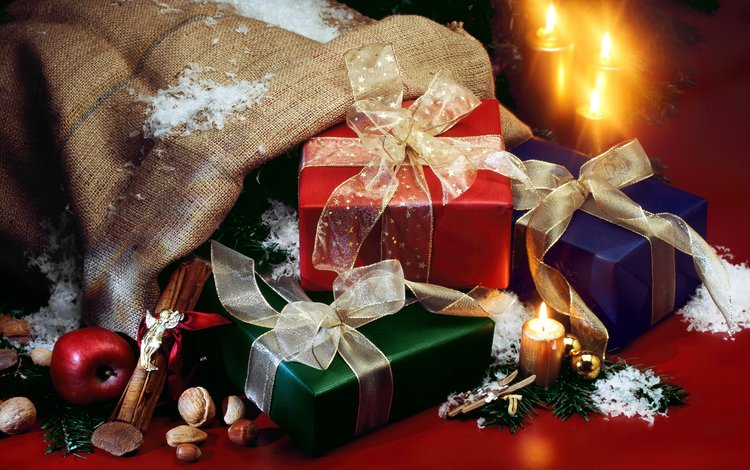 свечи, новый год, орехи, яблоки, подарки, лента, рождество, коробки, candles, new year, nuts, apples, gifts, tape, christmas, box