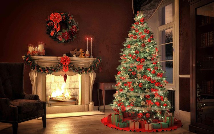 новый год, елка, камин, рождество, new year, tree, fireplace, christmas