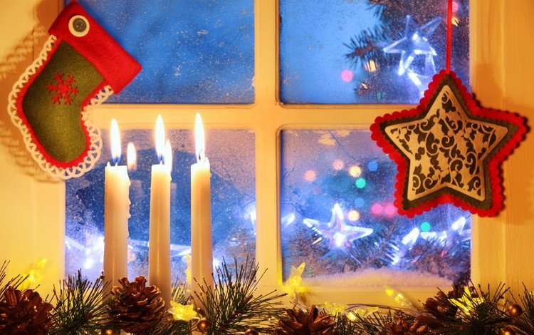 свечи, новый год, окно, рождество, шишки, candles, new year, window, christmas, bumps