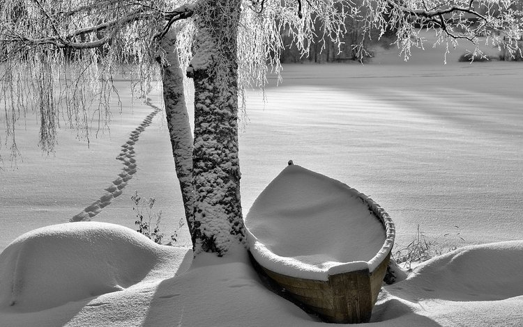 река, снег, природа, зима, лодка, следы, береза, river, snow, nature, winter, boat, traces, birch