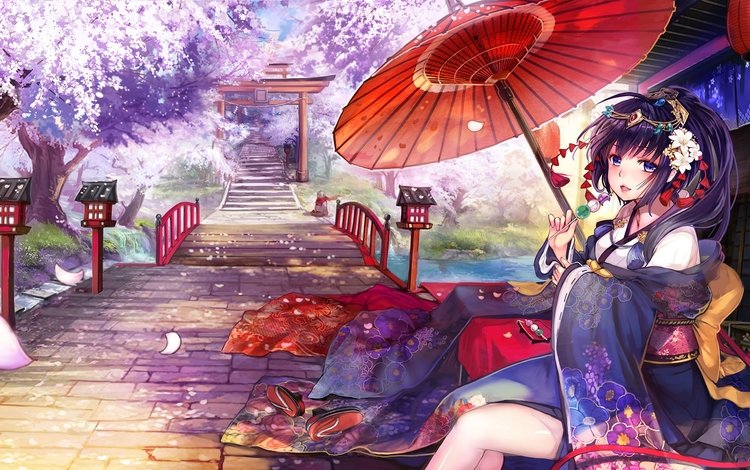 japanese clothes, тории, румяна, аниме девочка, sakura blossom, shrine, torii, blush, anime girl