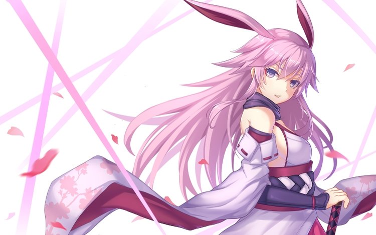 лепестки, bunny ears, розовые волосы, аниме девочка, traditional clothes, petals, pink hair, anime girl