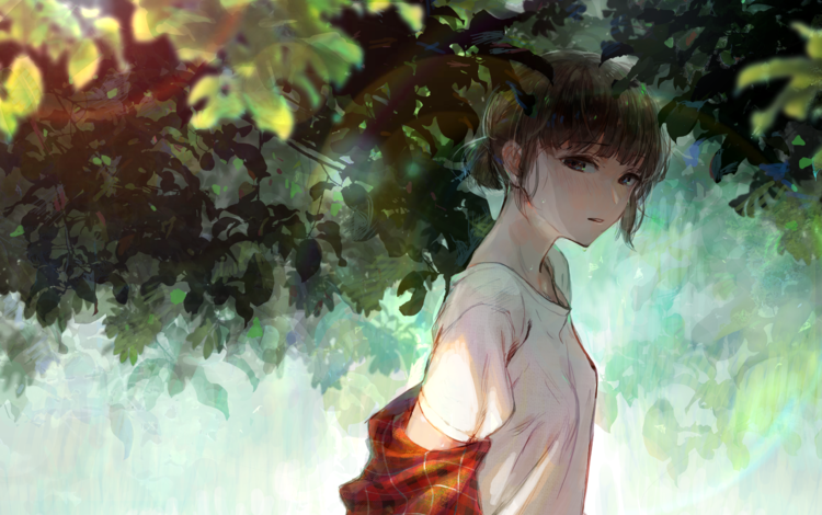  листья, летнее, короткая стрижка, аниме девочка,     дерево, leaves, summer, short hair, anime girl, tree