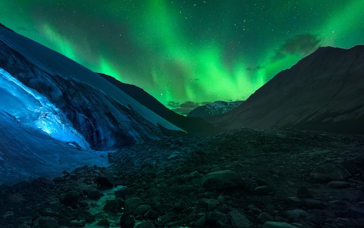 ночь, горы, скалы, камни, северное сияние, исландия, ледник, night, mountains, rocks, stones, northern lights, iceland, glacier