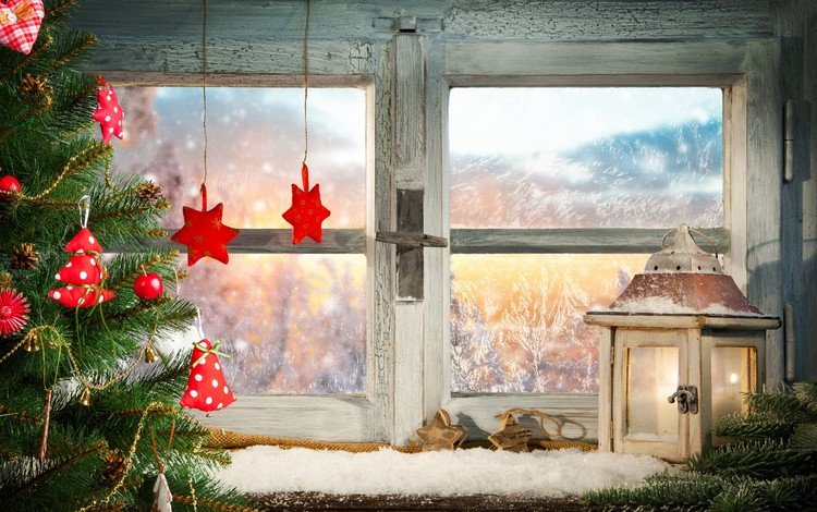 снег, новый год, елка, фонарь, окно, рождество, snow, new year, tree, lantern, window, christmas