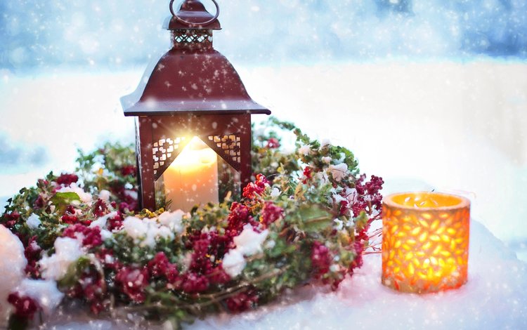 снег, новый год, украшения, фонарь, свеча, рождество, венок, snow, new year, decoration, lantern, candle, christmas, wreath