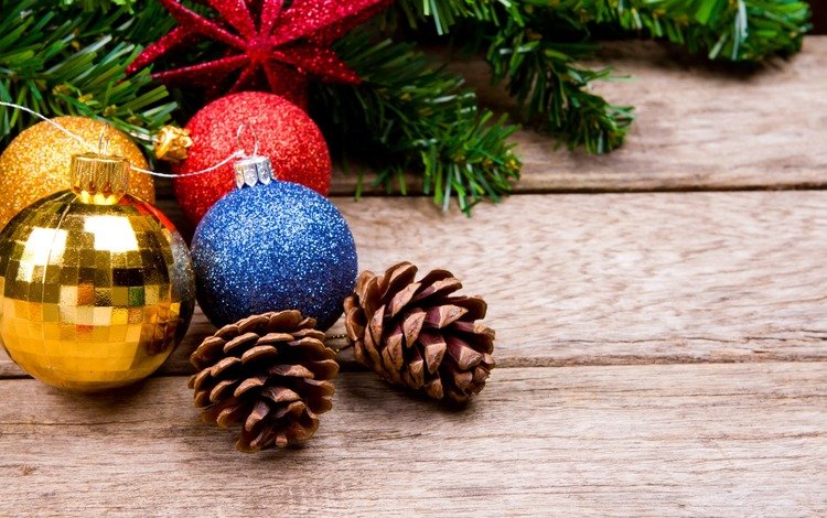 новый год, шары, рождество, шишки, деревянная поверхность, new year, balls, christmas, bumps, wooden surface