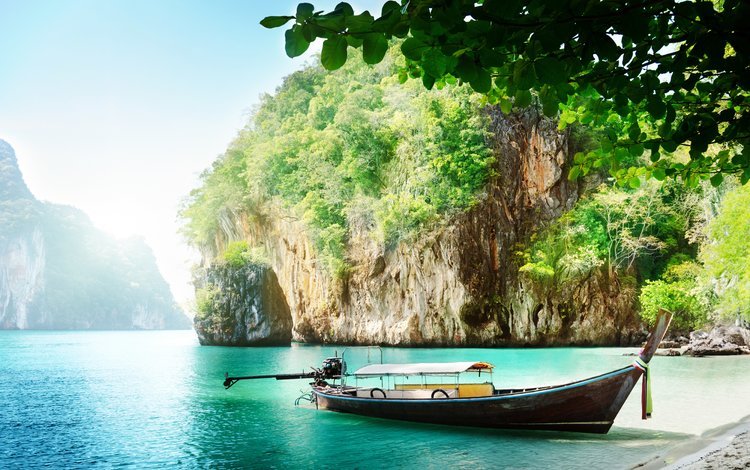 скалы, тропики, природа, пейзаж, море, пляж, лодка, залив, таиланд, rocks, tropics, nature, landscape, sea, beach, boat, bay, thailand