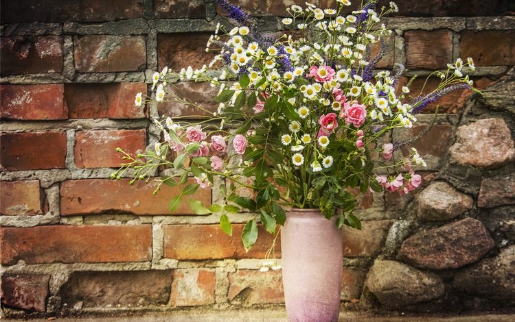 цветы, розы, ромашки, букет, ваза, кирпичная стена, flowers, roses, chamomile, bouquet, vase, brick wall