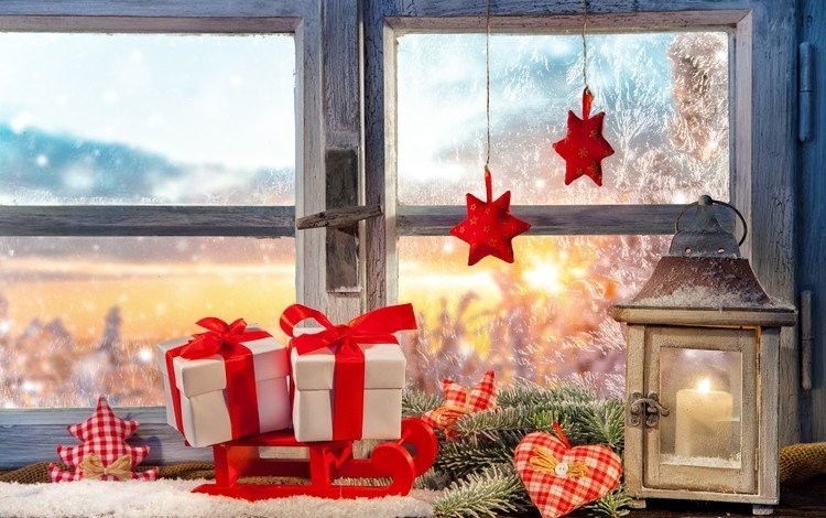 новый год, подарки, фонарь, окно, рождество, new year, gifts, lantern, window, christmas
