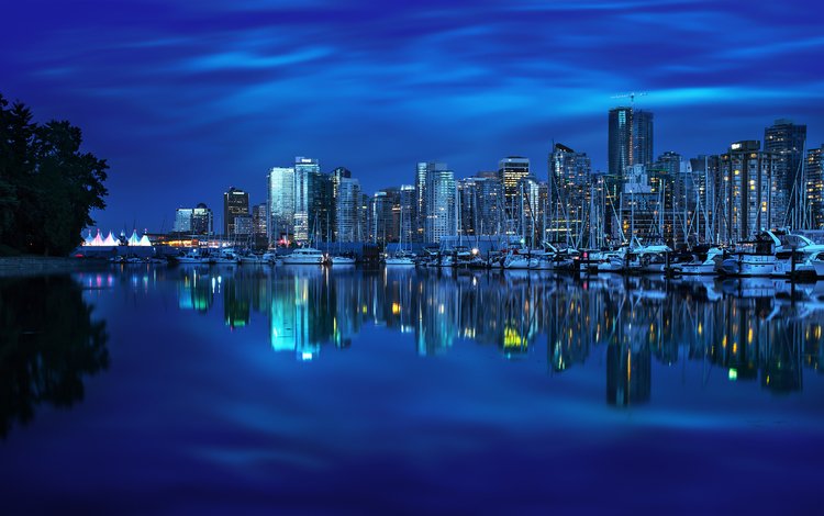 ночь, огни, отражение, город, ванкувер, канада, night, lights, reflection, the city, vancouver, canada