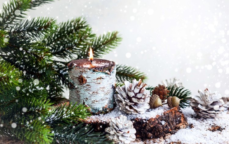 снег, новый год, хвоя, ветки, свеча, рождество, шишки, snow, new year, needles, branches, candle, christmas, bumps