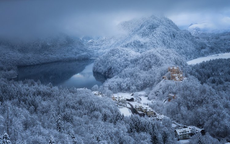 горы, природа, лес, зима, замок, германия, бавария, mountains, nature, forest, winter, castle, germany, bayern
