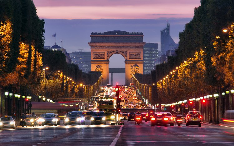 дорога, ночь, огни, город, париж, улица, триумфальная арка, франция, road, night, lights, the city, paris, street, arch, france