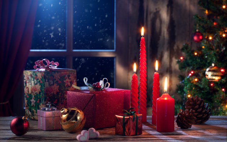 свечи, новый год, украшения, подарки, шарики, шишки, candles, new year, decoration, gifts, balls, bumps