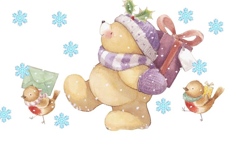 снег, новый год, зима, медведь, подарки, мишка, поздравление, птички, почтальон, the postman, snow, new year, winter, bear, gifts, congratulations, birds