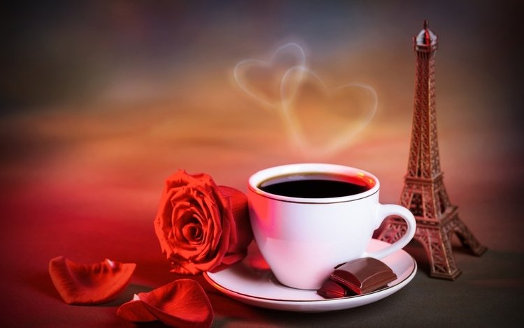 цветок, роза, лепестки, кофе, статуэтка, чашка, шоколад, эйфелева башня, flower, rose, petals, coffee, figurine, cup, chocolate, eiffel tower