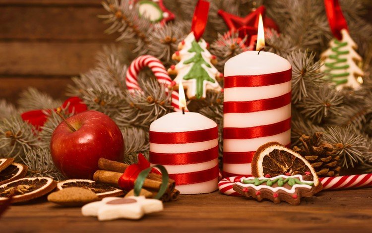 свечи, новый год, елка, корица, яблоко, рождество, елочные украшения, печенье, candles, new year, tree, cinnamon, apple, christmas, christmas decorations, cookies