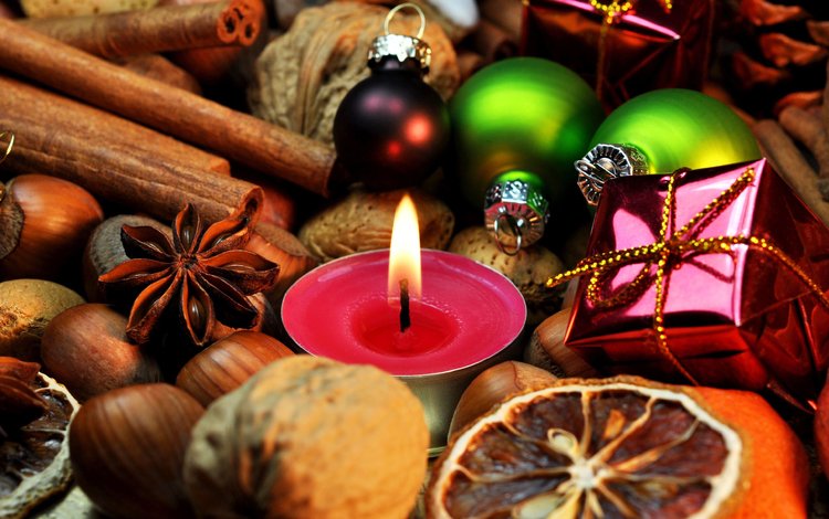 новый год, бадьян, орехи, корица, свеча, рождество, елочные игрушки, пряности, анис, new year, star anise, nuts, cinnamon, candle, christmas, christmas decorations, spices, anis