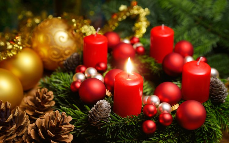 свечи, новый год, шары, рождество, шишки, елочные игрушки, candles, new year, balls, christmas, bumps, christmas decorations