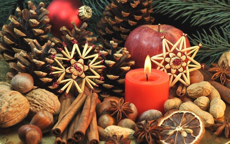 новый год, пряности, орехи, звезды, корица, яблоко, свеча, рождество, шишки, new year, spices, nuts, stars, cinnamon, apple, candle, christmas, bumps