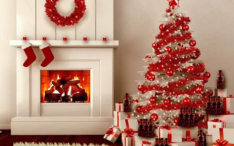 новый год, елка, подарки, камин, рождество, елочные украшения, new year, tree, gifts, fireplace, christmas, christmas decorations