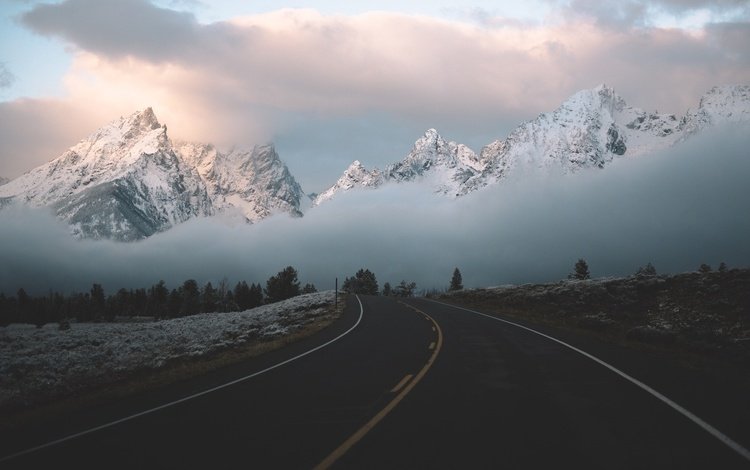 небо, дорога, облака, горы, природа, туман, the sky, road, clouds, mountains, nature, fog