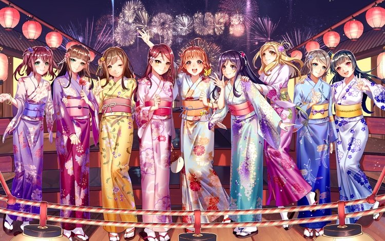 девочки, кимоно, фонарики, феерверк, фестиваль, love live sunshine, girls, kimono, lanterns, fireworks, festival
