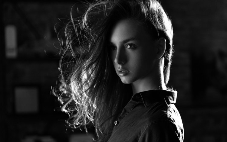 девушка, портрет, взгляд, чёрно-белое, модель, волосы, лицо, girl, portrait, look, black and white, model, hair, face