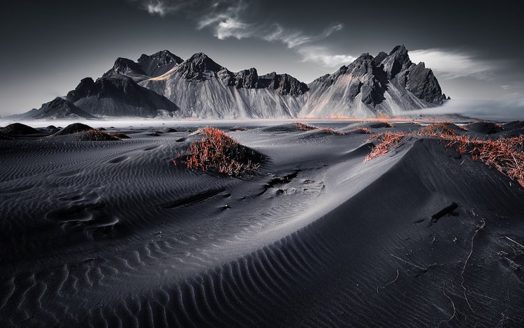горы, исландия, чёрный песок, vestrahorn islande, вулканический песок, mountains, iceland, black sand, volcanic sand
