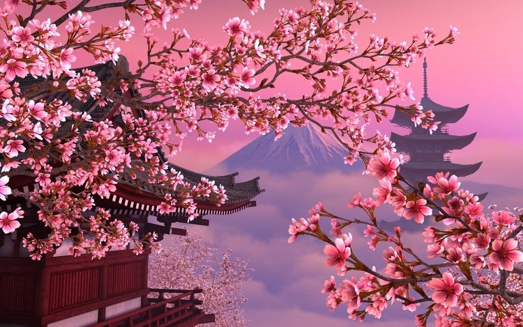 небо, сакура, цветы, дерево, цветение, гора, пагода, япония, весна, the sky, sakura, flowers, tree, flowering, mountain, pagoda, japan, spring