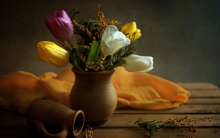 цветы, мимоза, доски, керамический кувшин, ткань, elena elena, букет, тюльпаны, ваза, кувшин, натюрморт, flowers, mimosa, board, ceramic jug, fabric, bouquet, tulips, vase, pitcher, still life