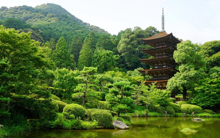 деревья, горы, пагода, япония, пруд, ямагучи, trees, mountains, pagoda, japan, pond, yamaguchi