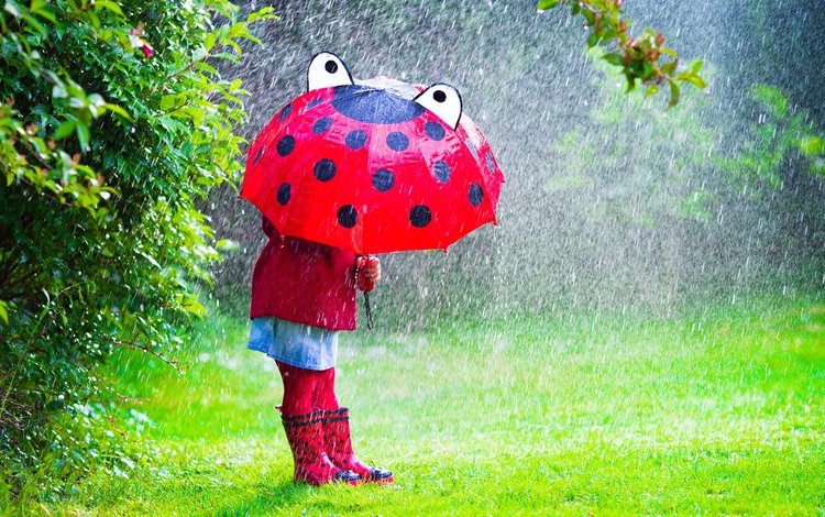 трава, ветки, дети, девочка, дождь, зонт, ребенок, grass, branches, children, girl, rain, umbrella, child