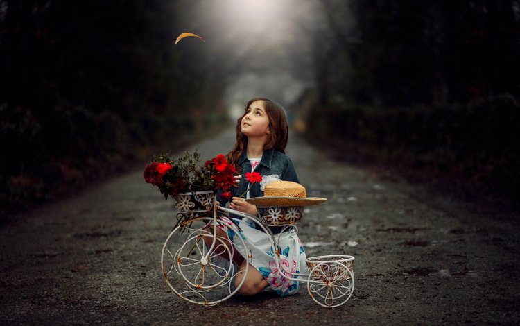 дорога, marhraoui, цветы, девочка, лист, ребенок, шляпка, велосипед, кашпо, road, flowers, girl, sheet, child, hat, bike, flowerpots