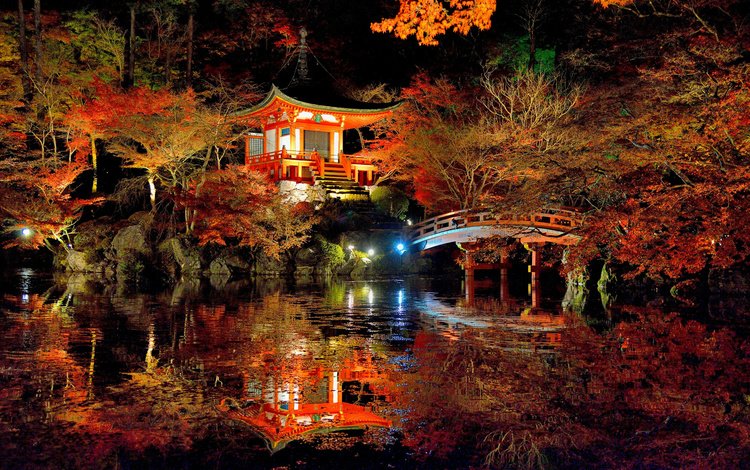 ночь, пруд, огни, беседка, природа, освещение, мостик, парк, осень, пагода, япония, night, pond, lights, gazebo, nature, lighting, the bridge, park, autumn, pagoda, japan